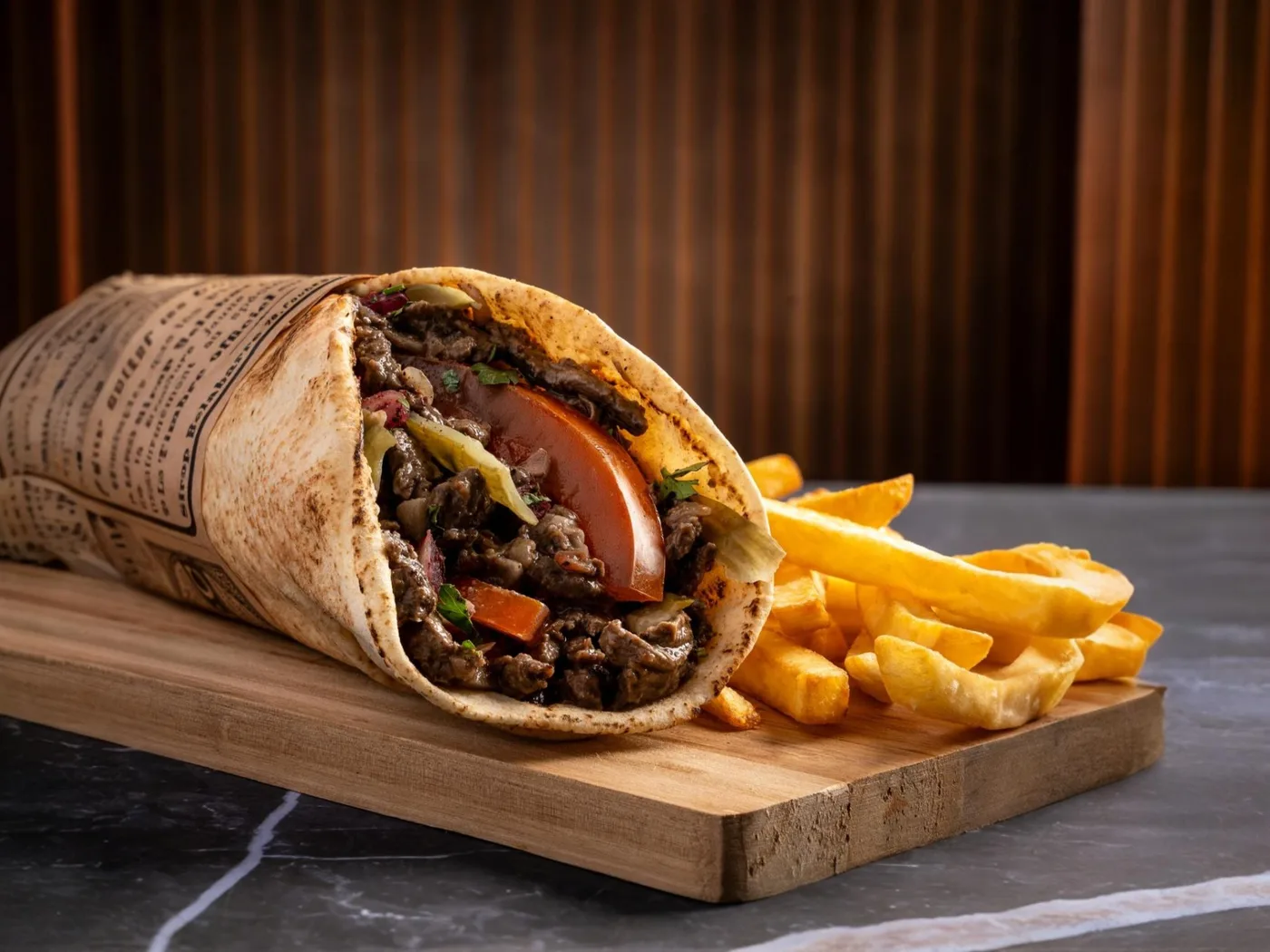 Sandwich au bœuf shawarma roulé dans un pain libanais, servi avec des frites