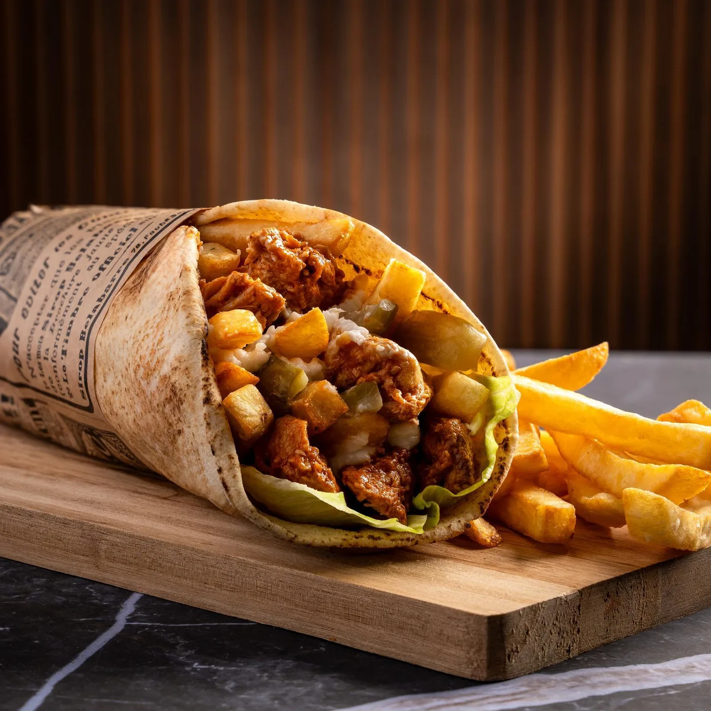 Sandwich au poulet mariné roulé dans un pain libanais, servi avec des frites