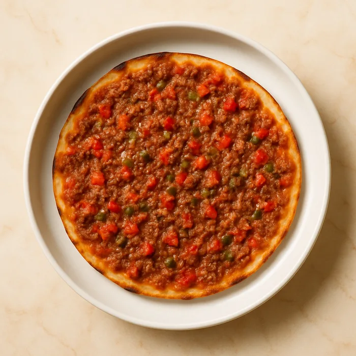 Lahmacun, fine galette croustillante garnie de viande hachée