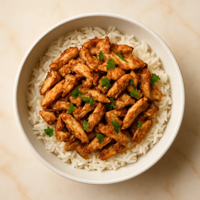 Bowl Shawarma poulet, riz oriental et émincé de poulet mariné