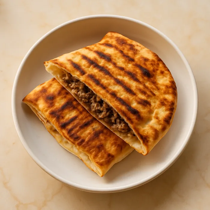 Araïes, pain pita garni de viande hachée grillé au four