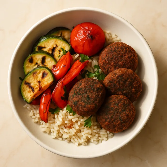 Bowl Végé, riz oriental, légumes grillés et falafel